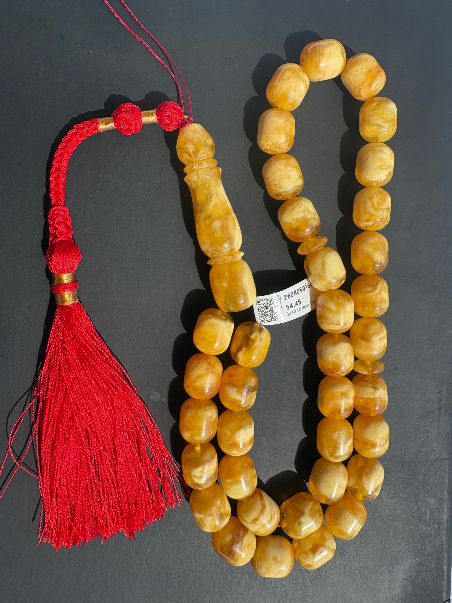 Certified Pressed Orange-Yellow Baltic Amber Rosary (Mesbah) | 36 Oval Beads 54,45g with Handmade Tassel