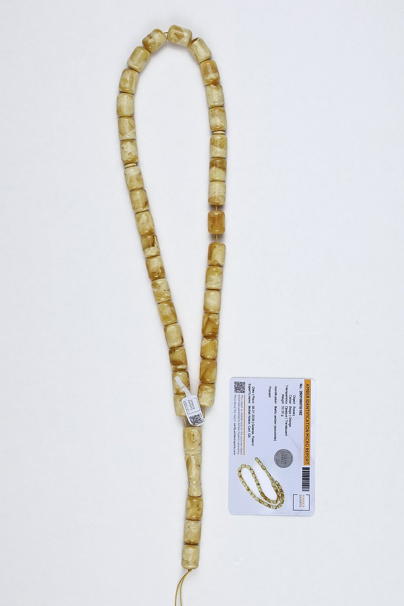 Certified Pressed Beige & Orange Baltic Amber Rosary (52.55g) | Tetibel