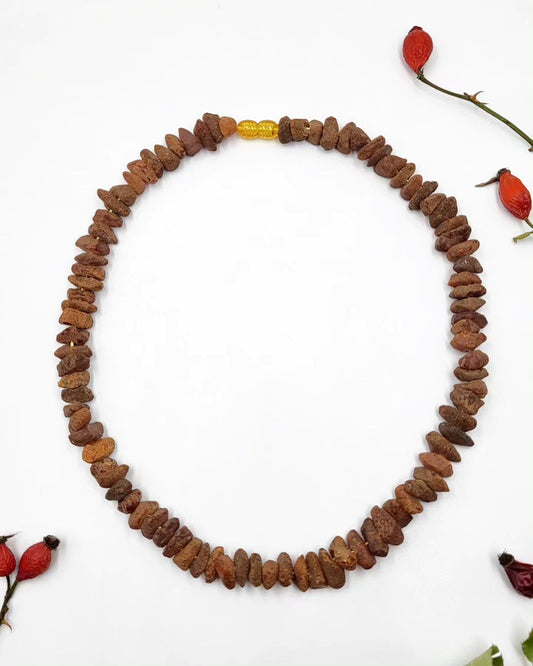Kreisförmige Darstellung einer unbehandelten Rohbernsteinkette in dunklem Braun, umgeben von roten Hagebutten.