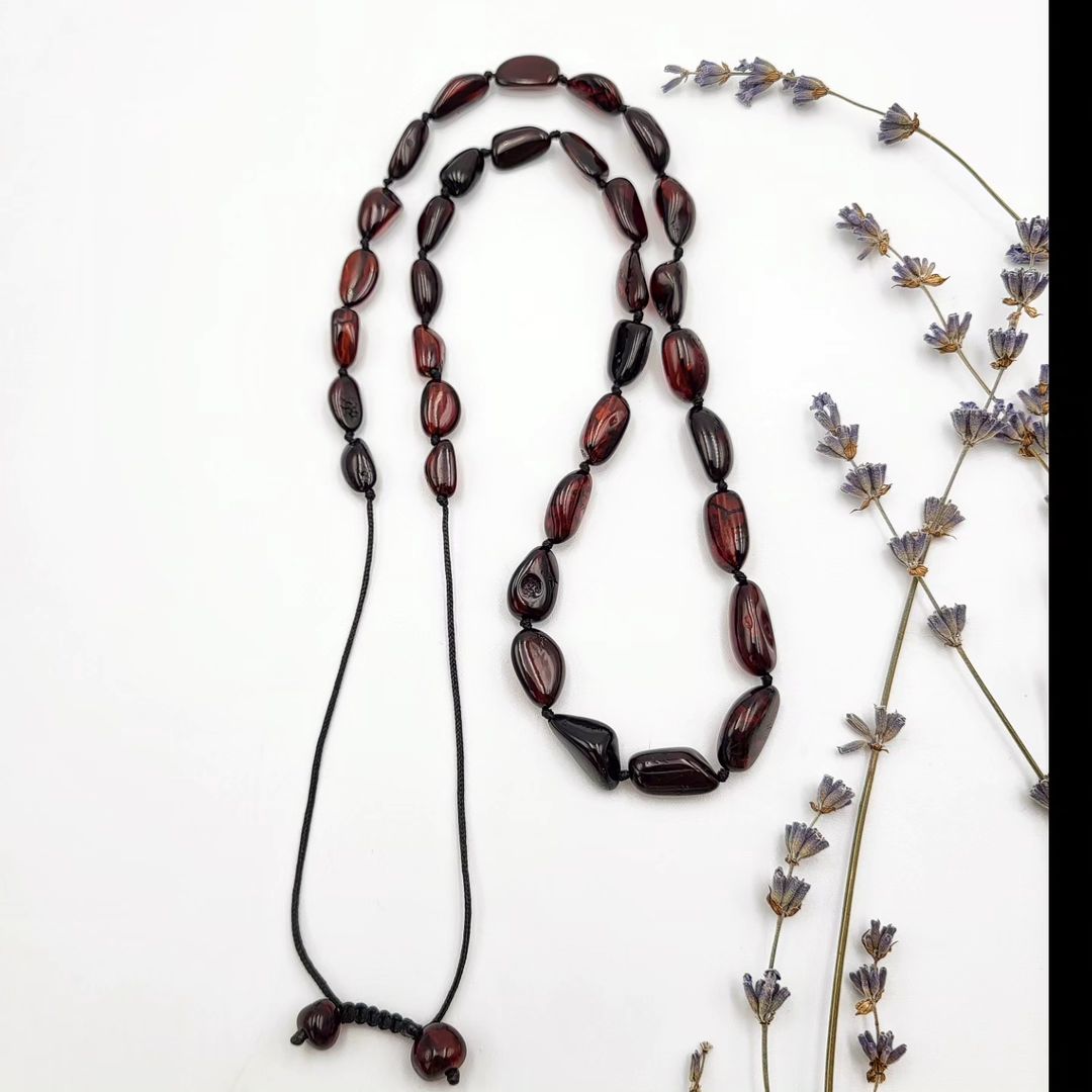 Amber Necklace Reddish Brown Adjustable Sliding Knot