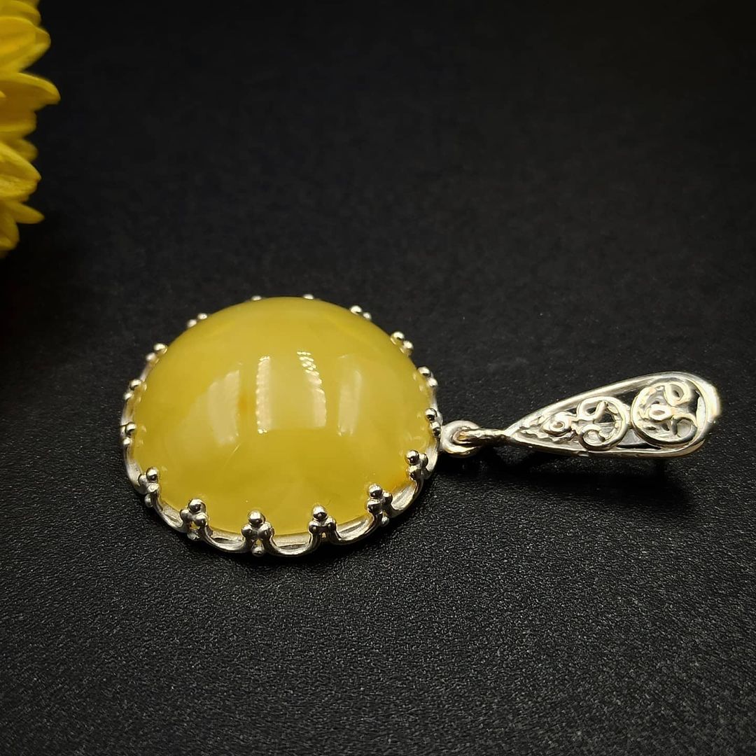 Round Lemon Amber Pendant in Ornate Sterling Silver Setting