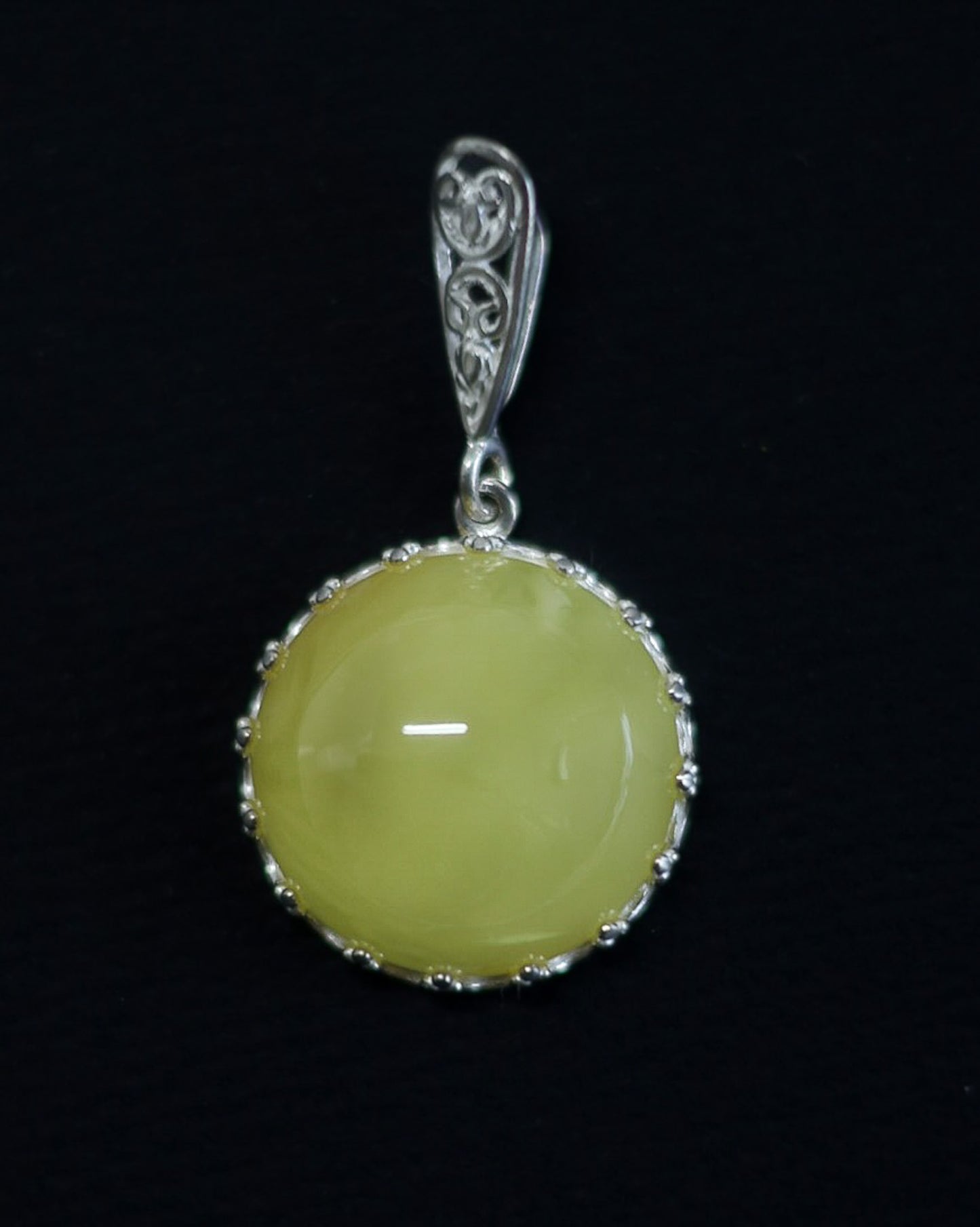 Round Lemon Amber Pendant in Ornate Sterling Silver Setting