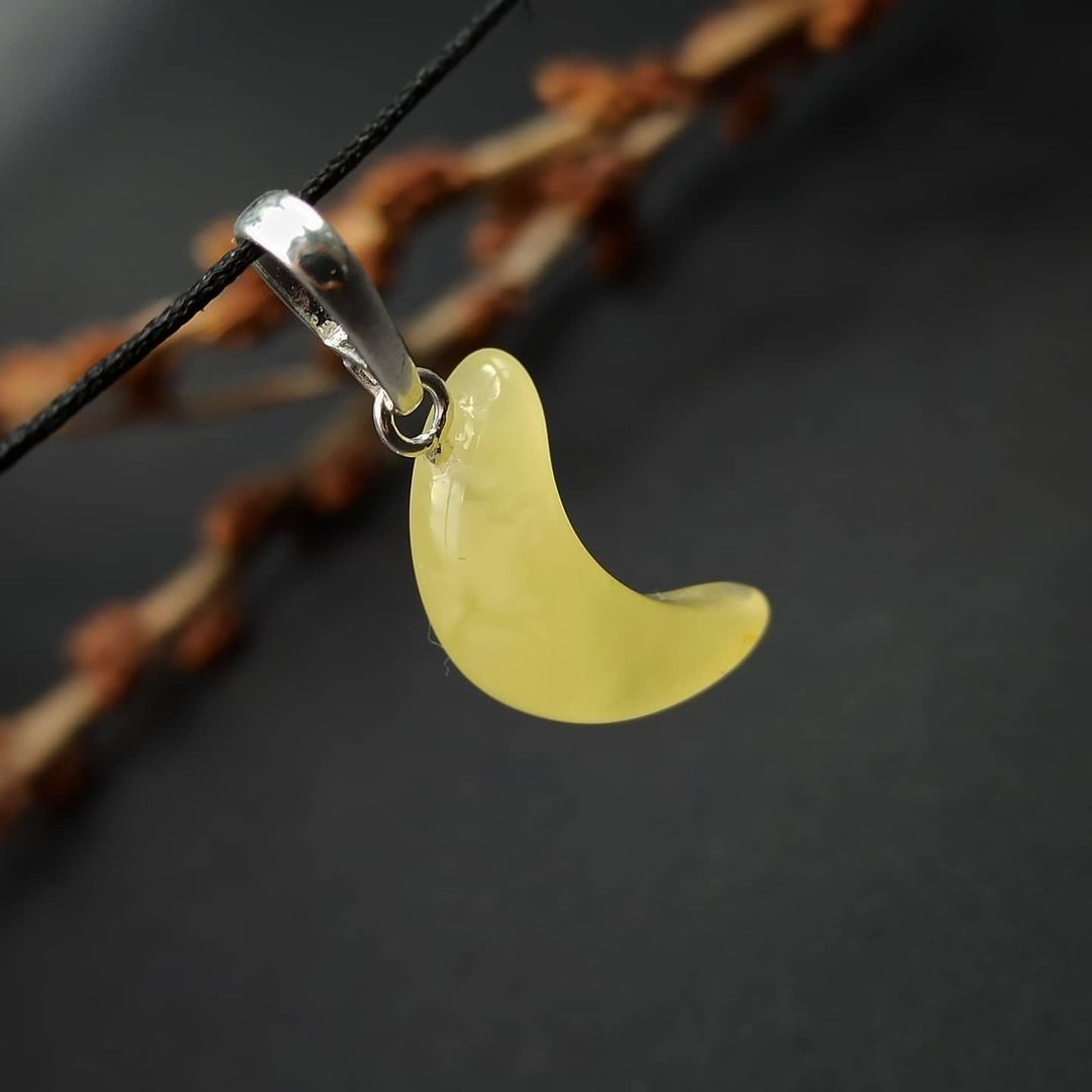 Natural Baltic Amber Moon Pendant in Silver