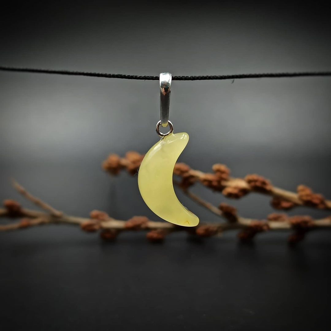 Natural Baltic Amber Moon Pendant in Silver