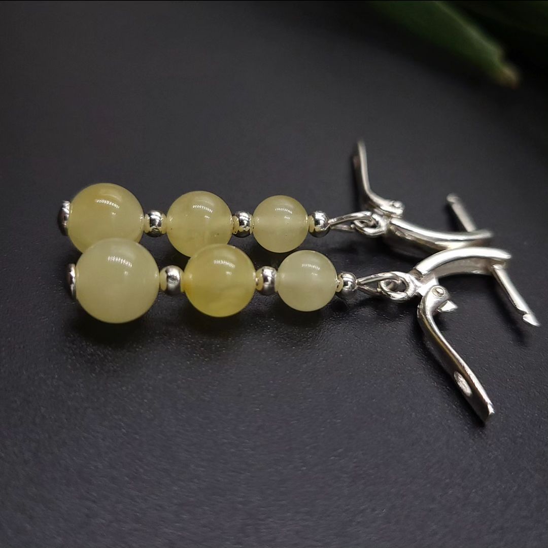 Amber Silver 3 Beads Earrings