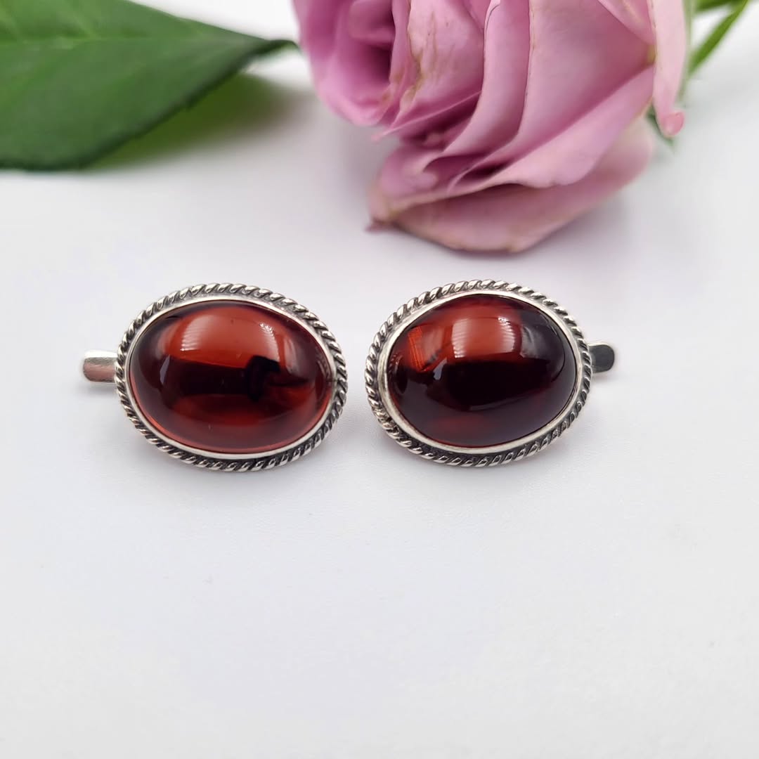 Tetibel Baltic Amber Earrings Sterling Silver 925 - Oval Dark Cherry Lever Back