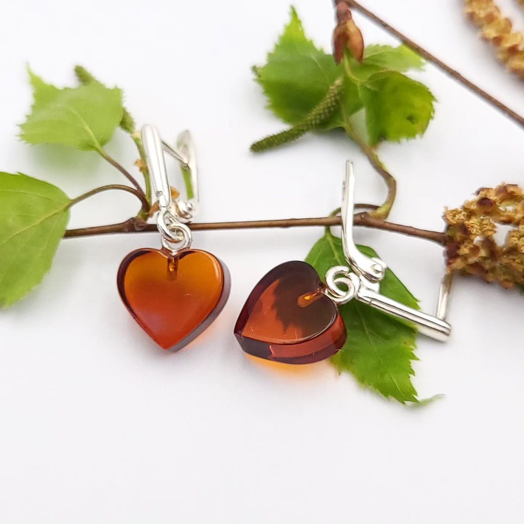 Sweetheart Amber Drop Earrings in Sterling Silver | Reddish Color