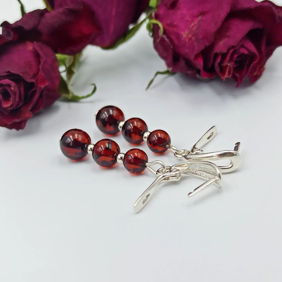 Amber Silver 3 Beads Earrings
