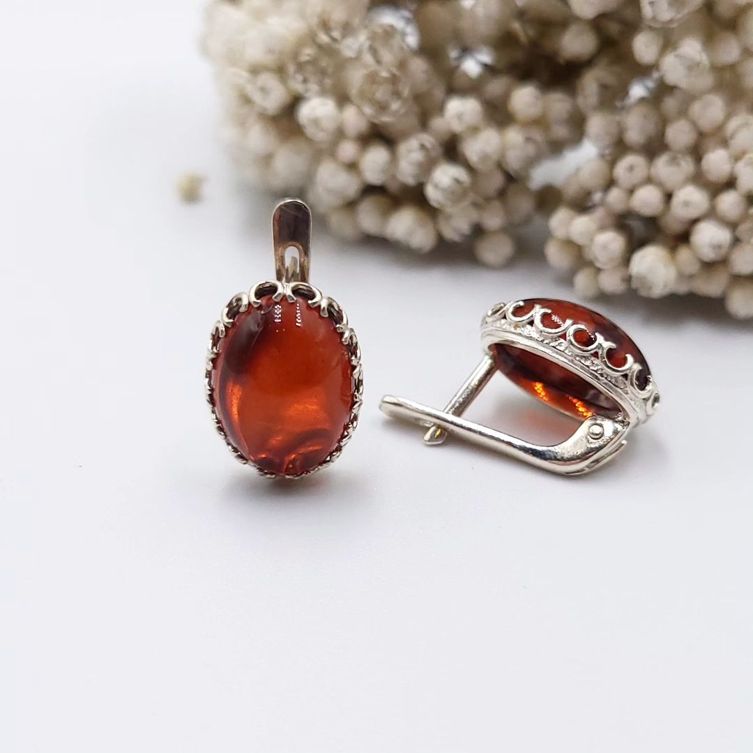 Cherry Red Baltic Amber Silver Earrings – Natural Amber | Tetibel