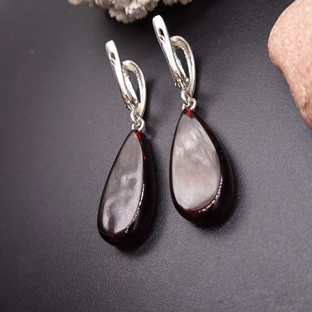Cognac Amber Teardrop Earrings in Sterling Silver