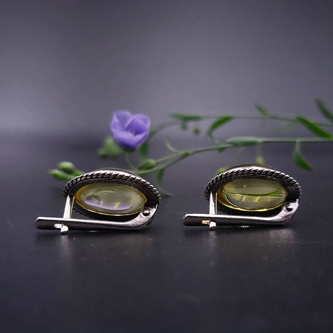 Vintage Amber Silver Earrings in Dark Silver