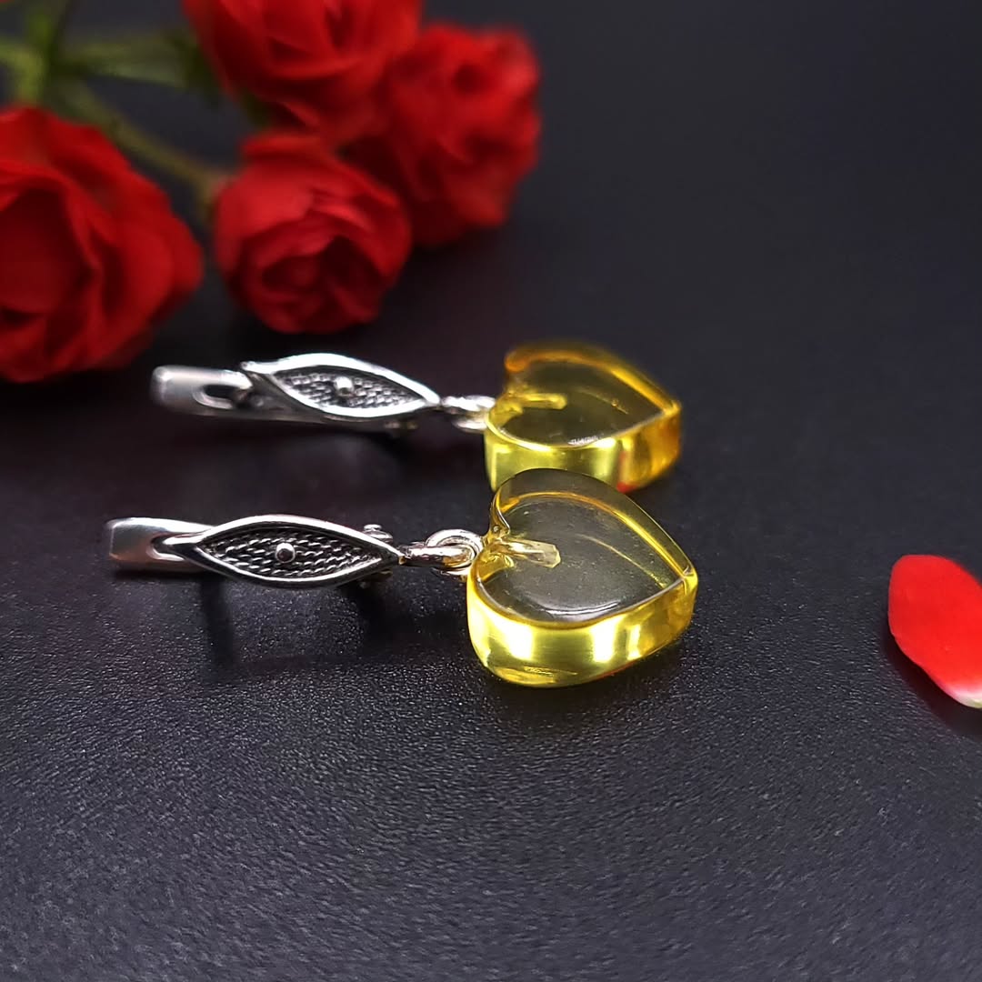 Sweetheart Amber Drop Earrings in Sterling Silver | Translucent Color