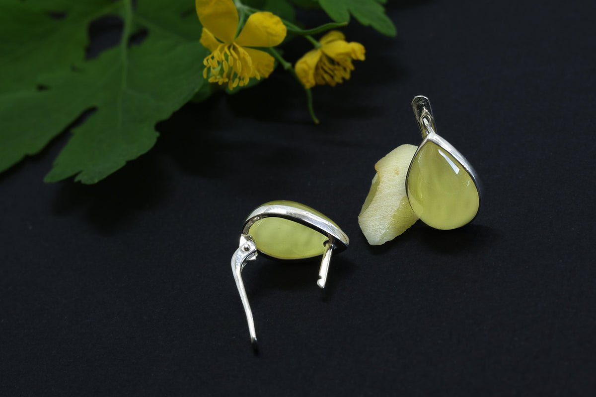A pair of teardrop earrings made of yellow amber set in sterling silver, displayed against a dark background with a yellow flower and green leaf in the background.