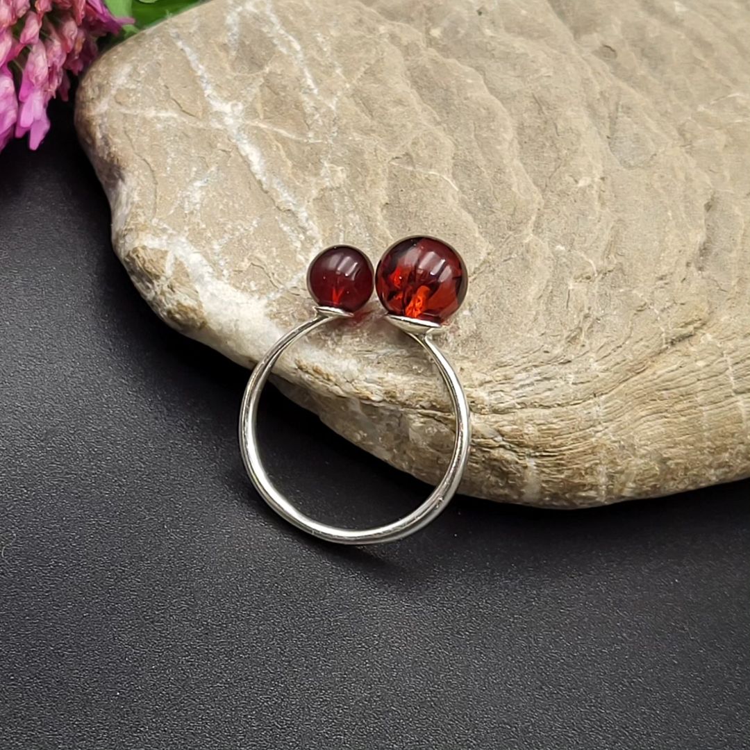 Amber Ring with 2 Beads - Cherry Amber & 925 Sterling Silver | Tetibel