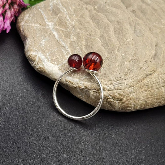 Amber Ring with 2 Beads - Cherry Amber & 925 Sterling Silver | Tetibel
