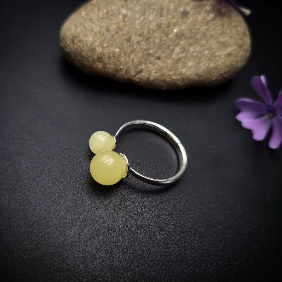 Amber Silver 2 Beads Ring