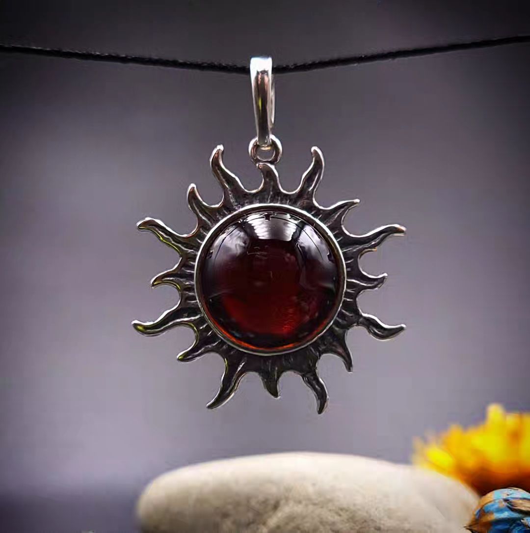 Genuine Baltic amber silver sun necklace