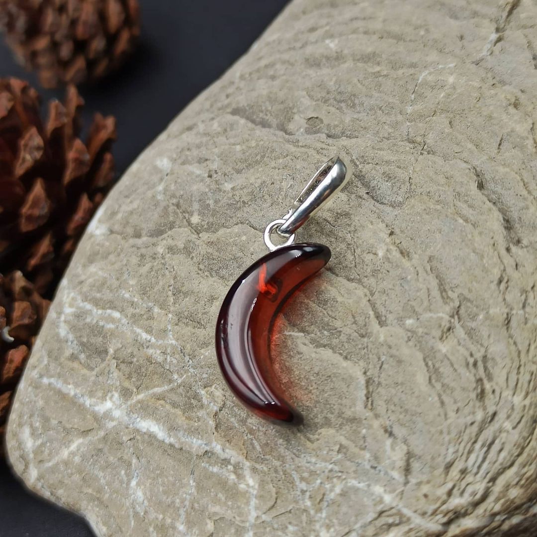 Genuine Baltic amber moon necklace with dark red amber stone