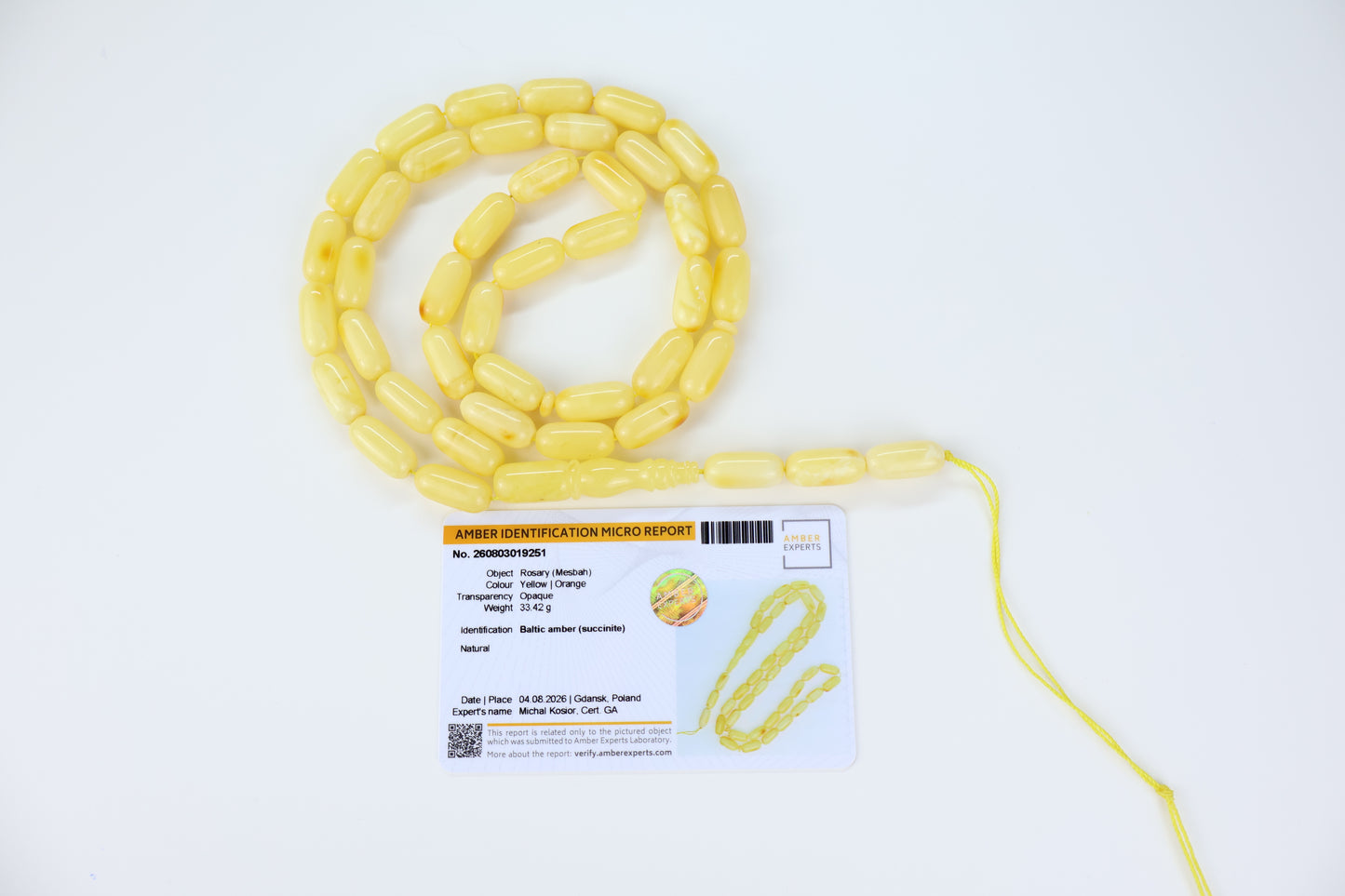 Natural Baltic amber prayer beads 42 beads 16x8mm 33.42g with lab certificate from Tetibel Amber Jewels