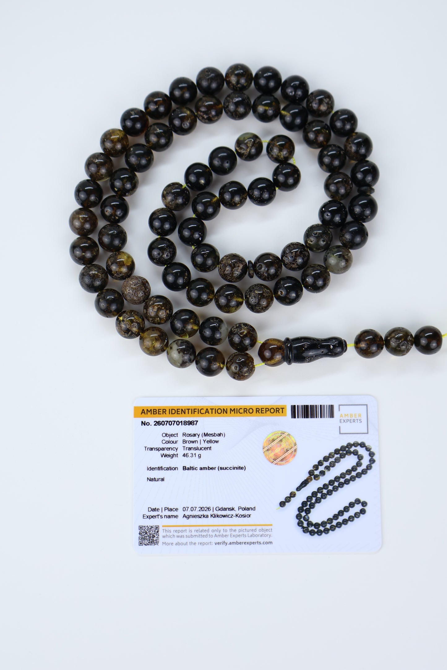 Natural Baltic amber dark brown prayer beads 46.31g with lab certificate from Tetibel Amber Jewels