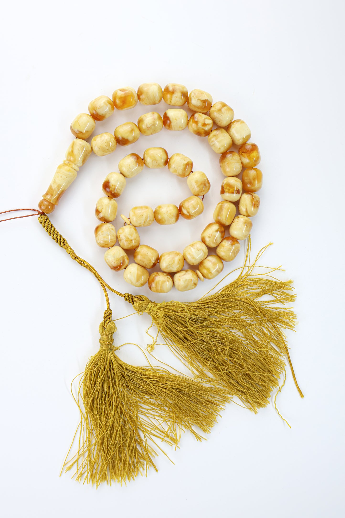 Pressed Baltic amber prayer beads 42 beads 13.7x11.8mm 60.38g with handmade Doha Qatar tassel and lab certificate from Tetibel Amber Jewels