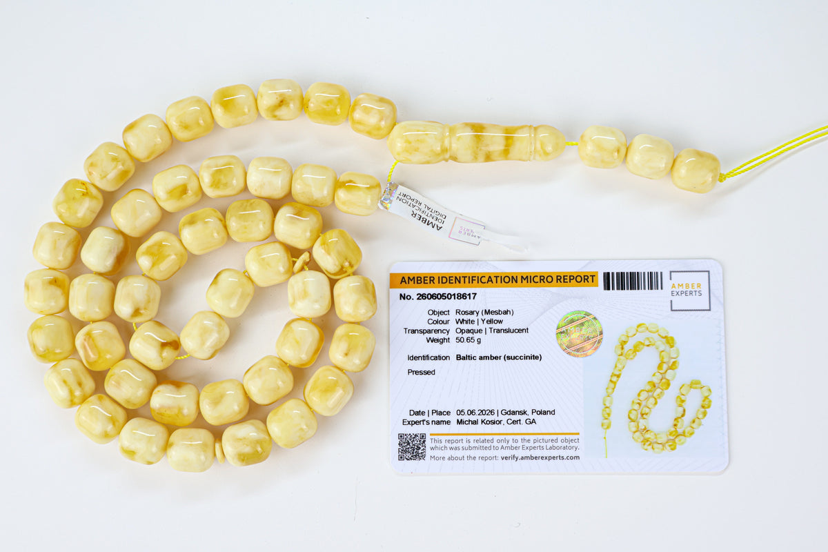 50.65g Baltic amber prayer beads (misbaha) certified by Amber Experts Laboratory in Gdansk, Poland.