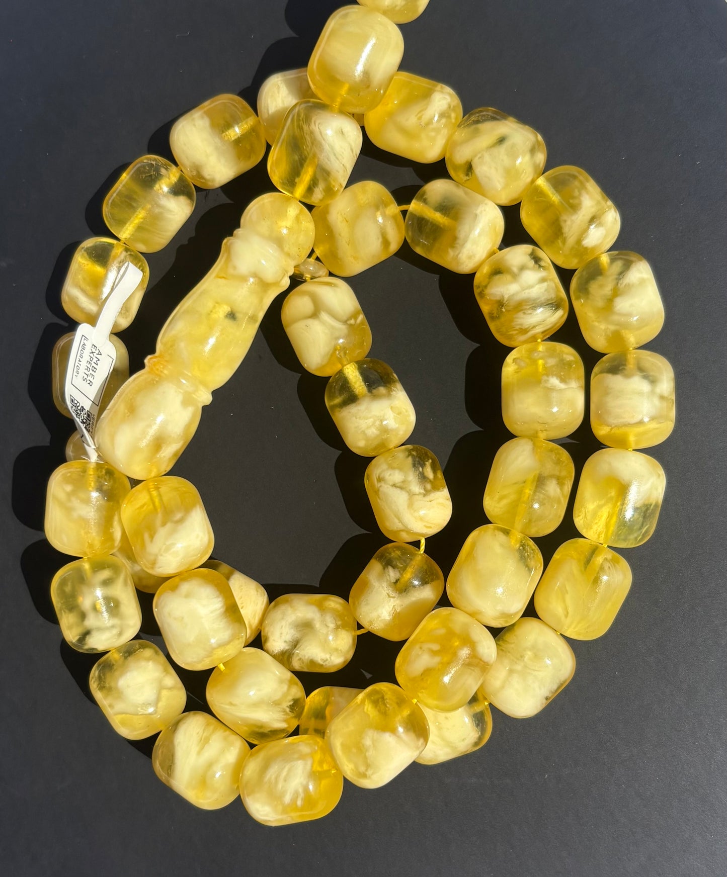 Certified Pressed Yellow-White Baltic Amber Rosary (Mesbah) | 42 Barrel Beads (14.5x12.5mm)