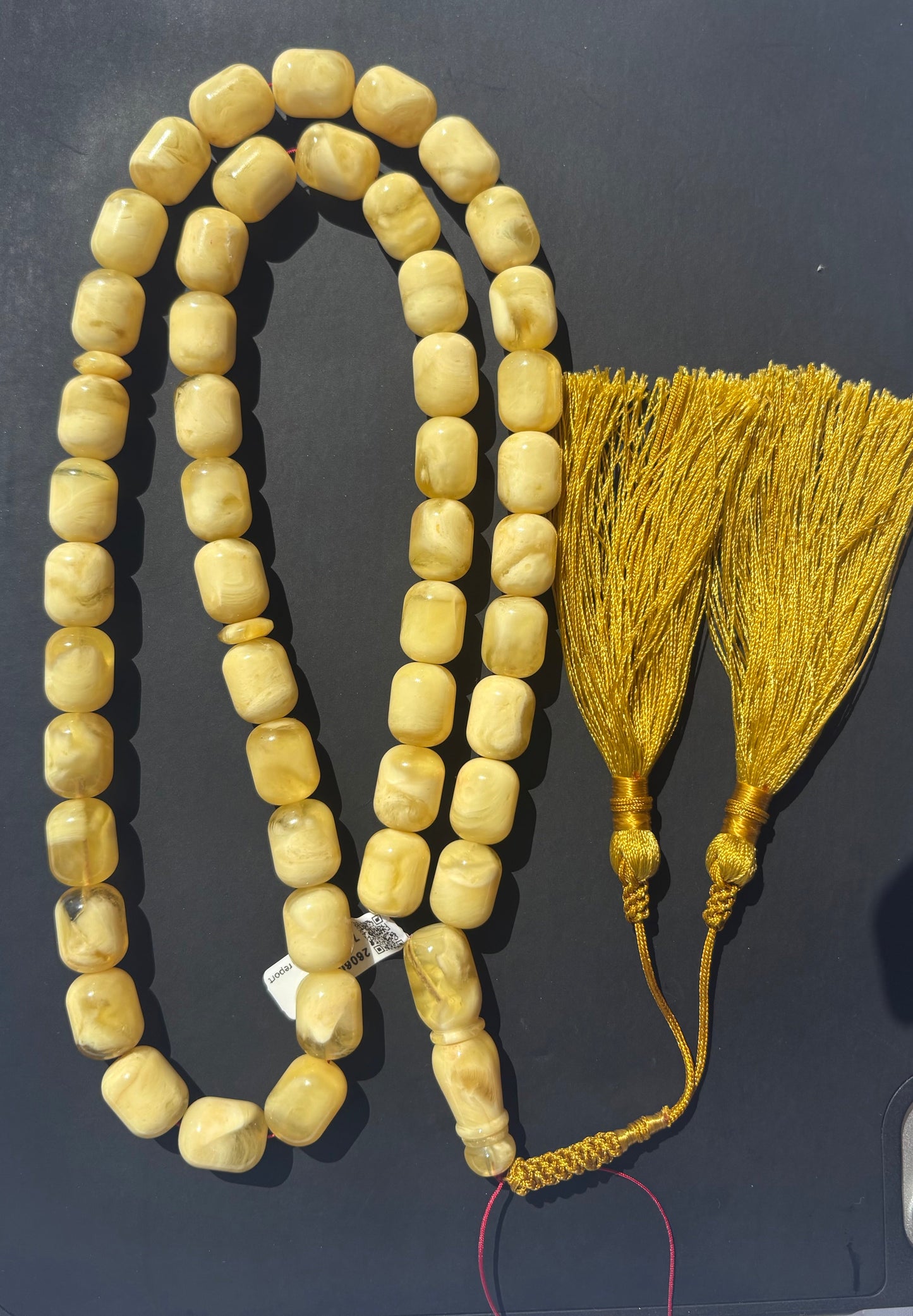 Certified Pressed White-Yellow Baltic Amber Rosary (Mesbah) | 48 Beads (11.5x14.5mm) with Handmade Tassel