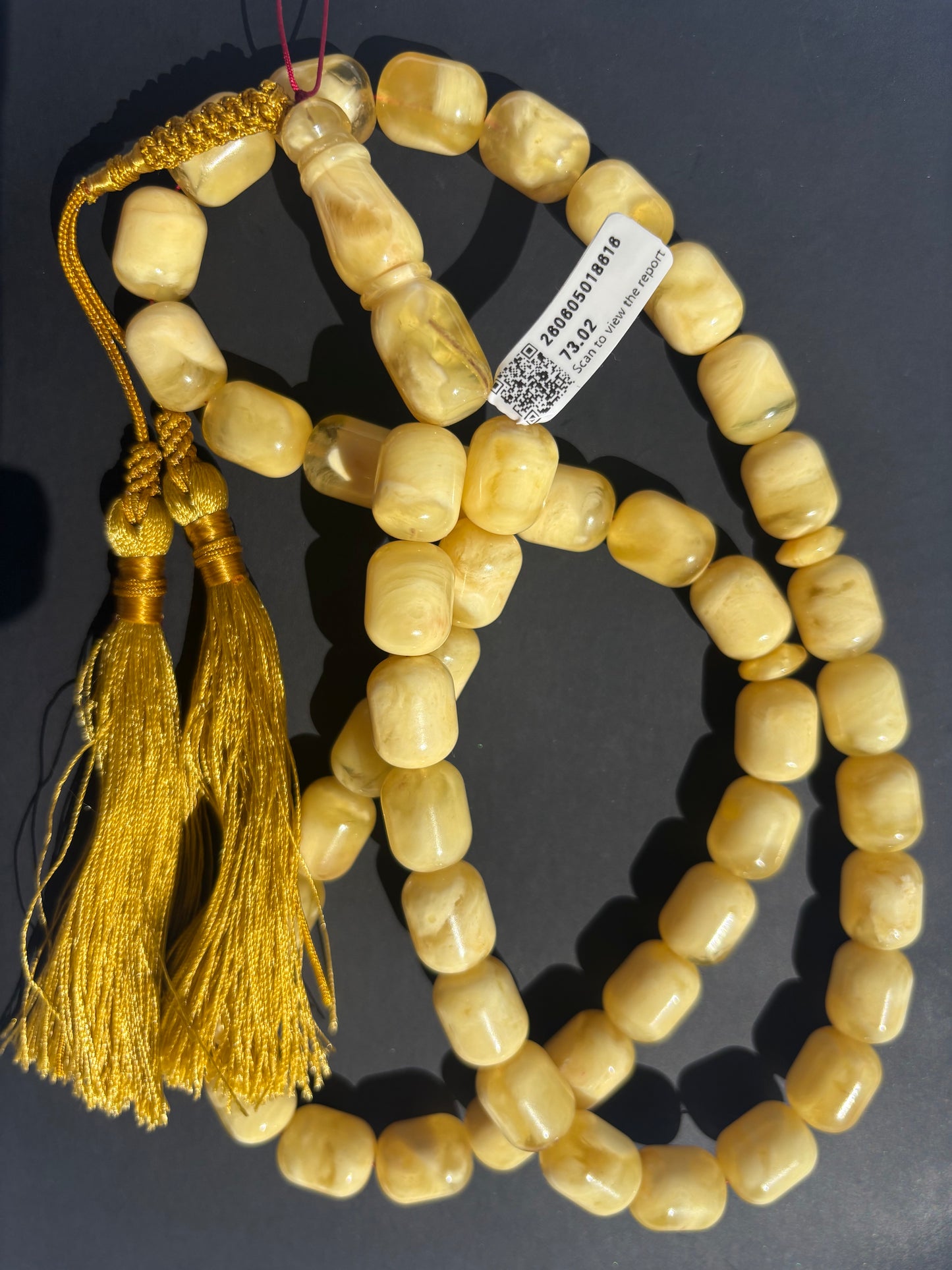 Certified Pressed White-Yellow Baltic Amber Rosary (Mesbah) | 48 Beads (11.5x14.5mm) with Handmade Tassel
