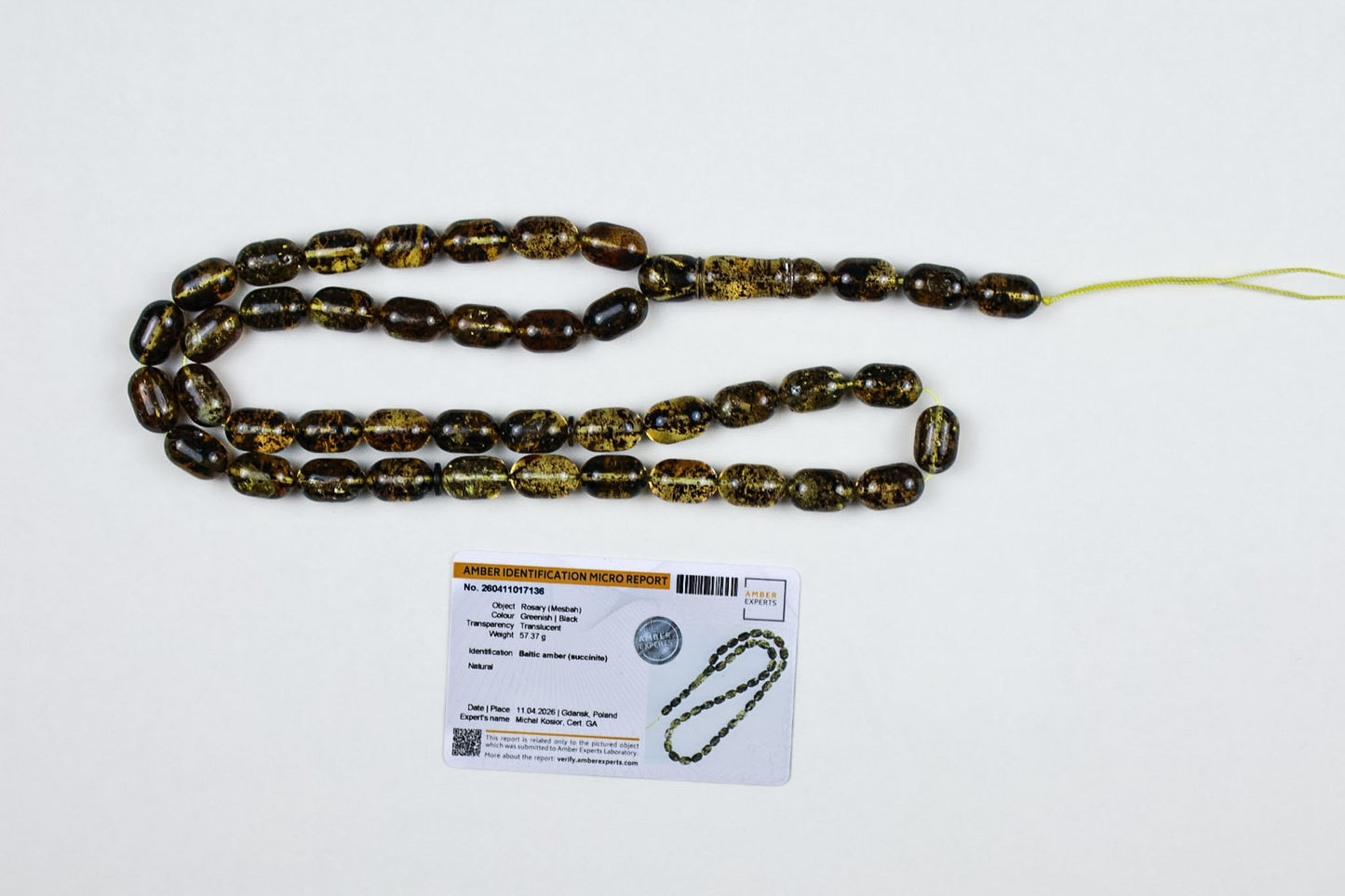 Natural Greenish-Black Baltic Amber Rosary (57.37g) – Mesbah with minor imperfections