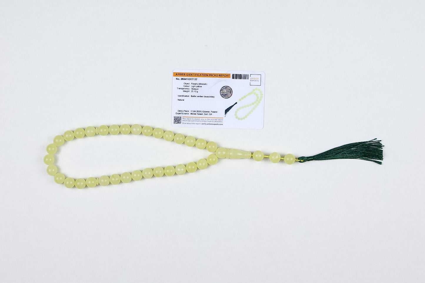 Natural Light Yellow Baltic Amber Rosary (25.10g) | Certified Mesbah with minor imperfections (3 Beads with imperfections)