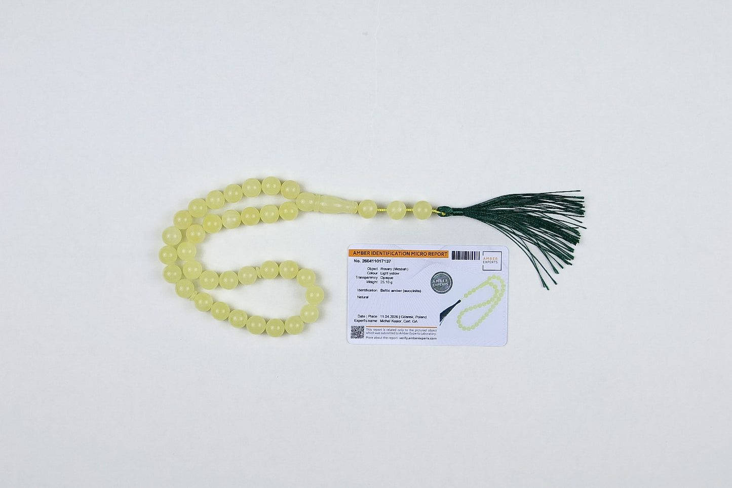 Natural Light Yellow Baltic Amber Rosary (25.10g) | Certified Mesbah with minor imperfections (3 Beads with imperfections)