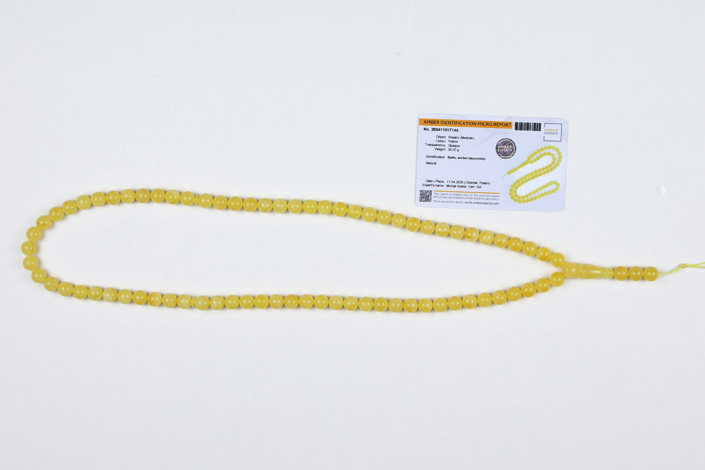 Rare Mango Yellow Natural Baltic Amber Rosary (30.05g) | Certified Mesbah | Tetibel