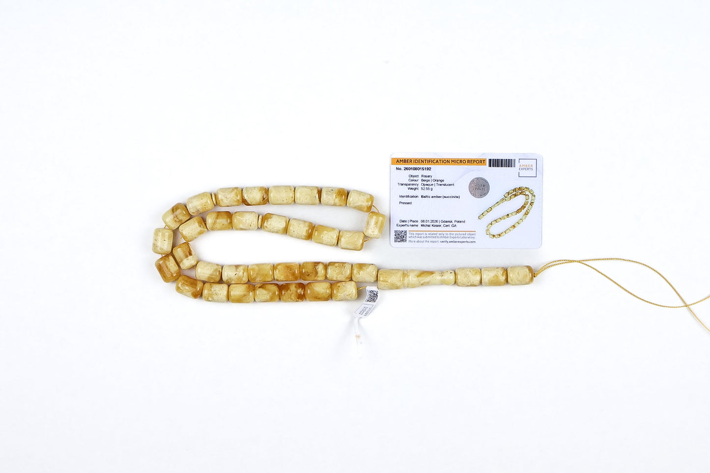 Certified Pressed Beige & Orange Baltic Amber Rosary (52.55g) | Tetibel