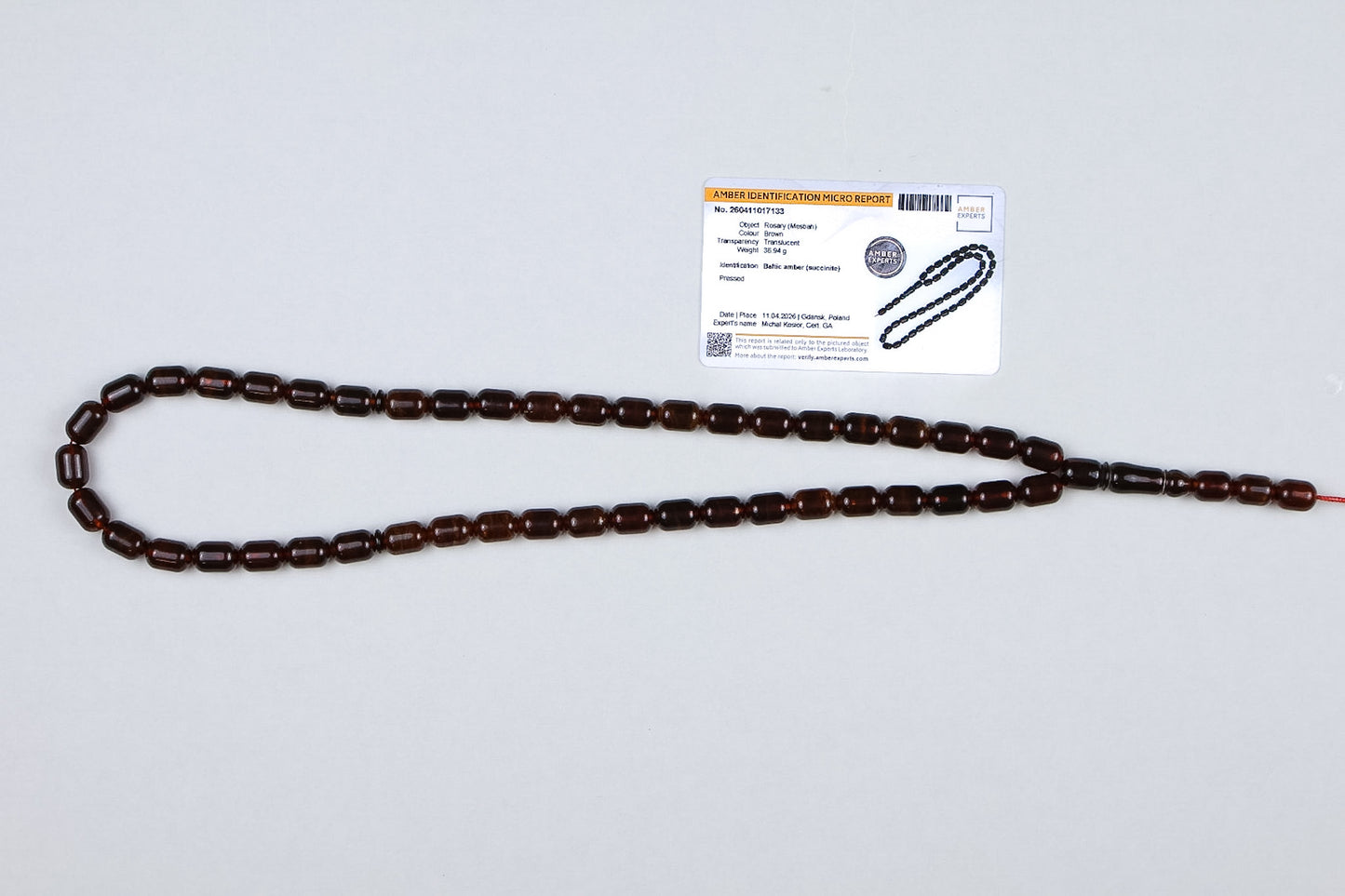 Certified Pressed Brown Baltic Amber Rosary (36.94g) |  Mesbah Tetibel