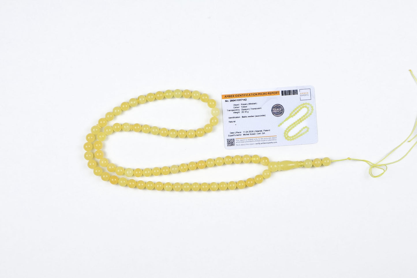 Natural Baltic Amber Rosary (Misbah) – Certified Opaque Yellow Succinite, 28.38g – Tetibel Amber Jewels