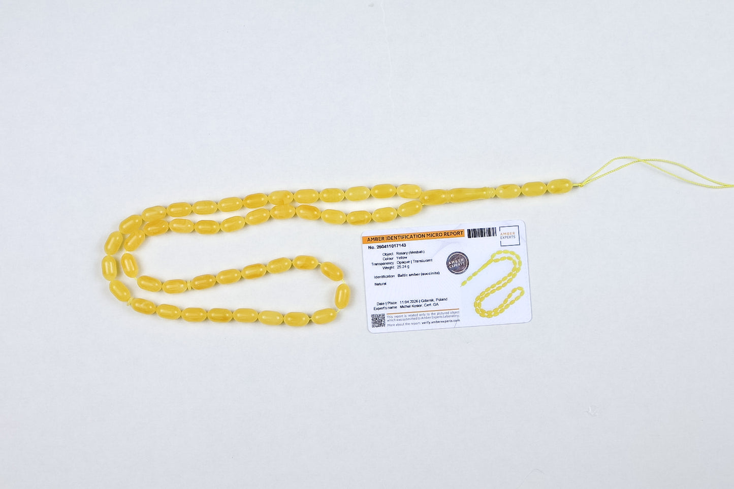 Rare Mango Yellow Natural Baltic Amber Rosary (25.24g) | Certified Mesbah | Tetibel