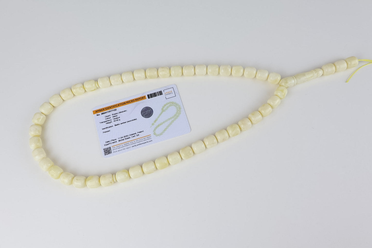 Pressed White Baltic Amber Rosary (49.60g) - Certified Mesbah with minor imperfections