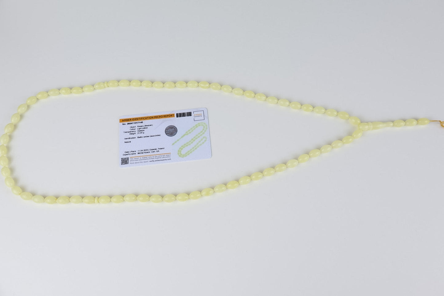 Natural Light Yellow Baltic Amber Rosary (22.94g) | Certified Mesbah | Tetibel