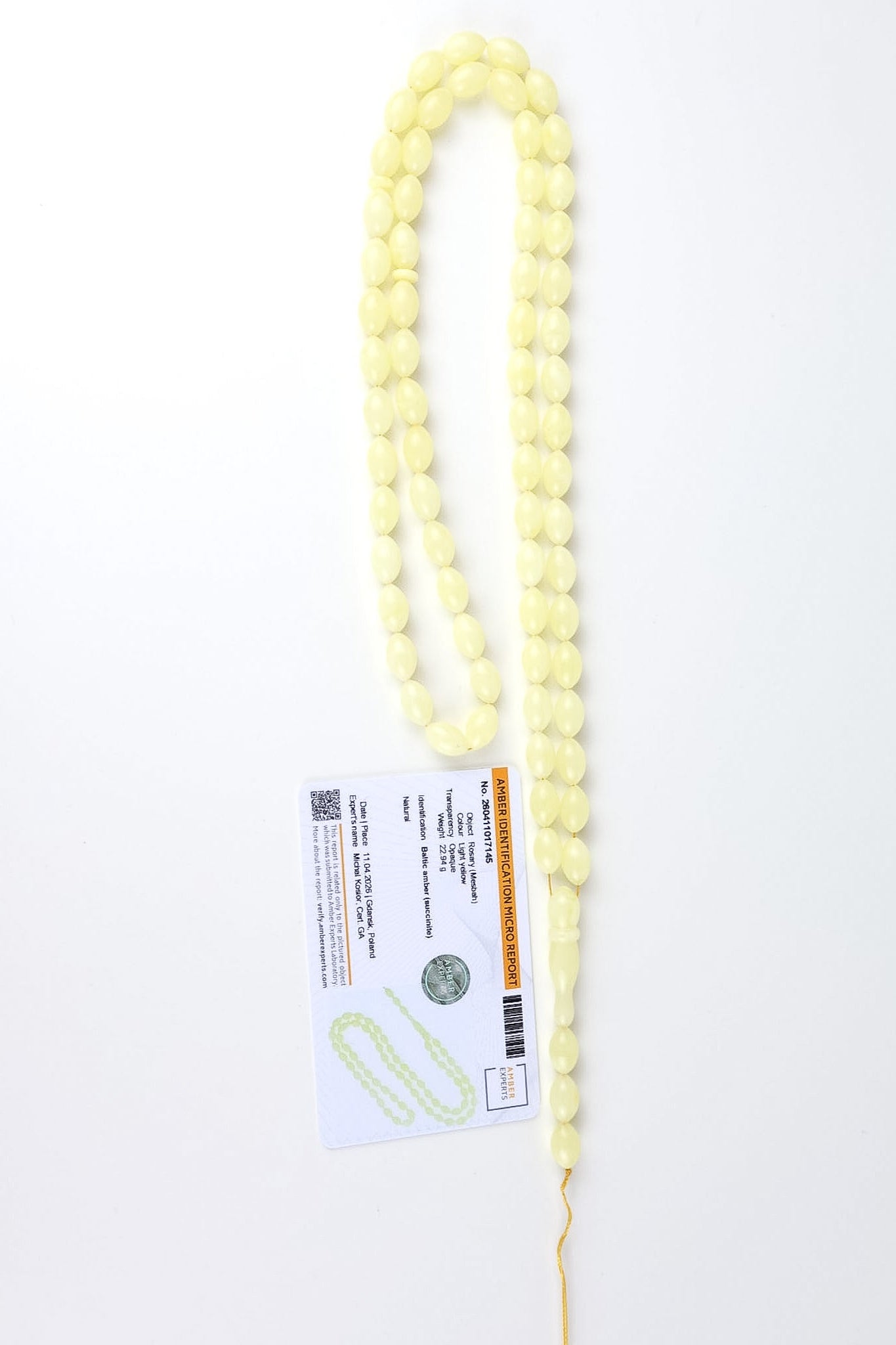 Natural Light Yellow Baltic Amber Rosary (22.94g) | Certified Mesbah | Tetibel