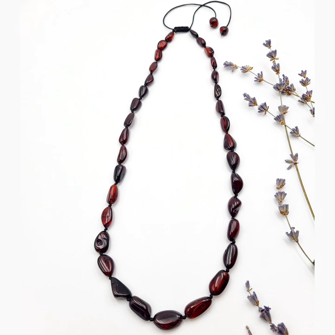 Amber Necklace Reddish Brown Adjustable Sliding Knot