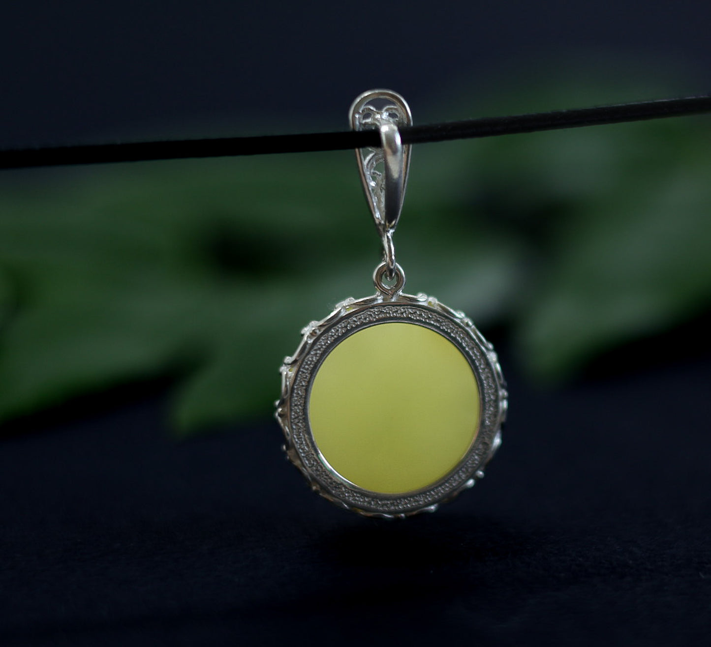 Round Lemon Amber Pendant in Ornate Sterling Silver Setting
