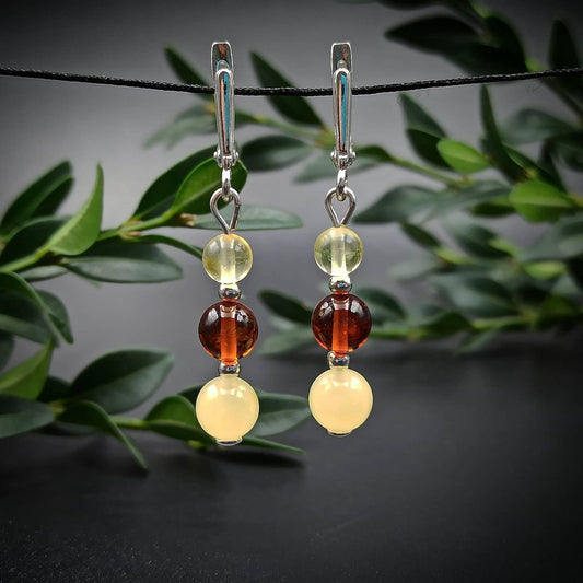 Amber Silver 3 Beads Earrings