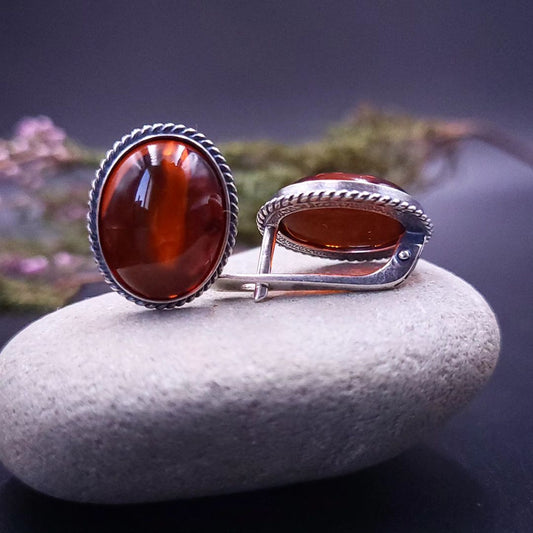 Vintage Amber Silver Earrings in Dark Silver