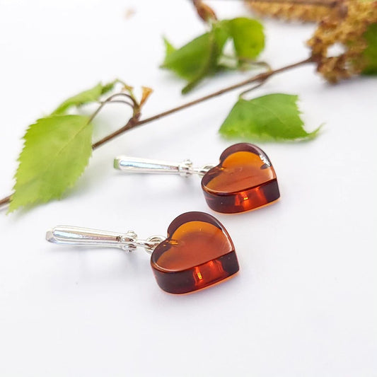 Sweetheart Amber Drop Earrings in Sterling Silver | Reddish Color