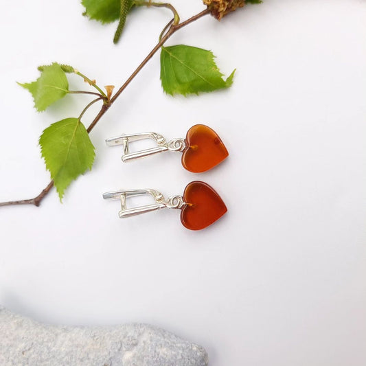 Sweetheart Amber Drop Earrings in Sterling Silver | Reddish Color