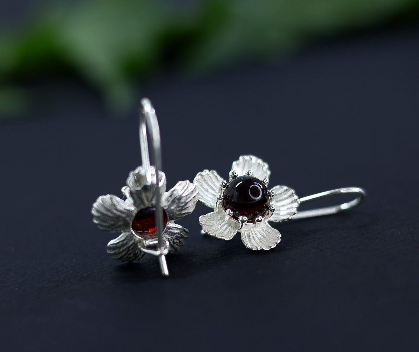 Amber Silver Earrings Floral Design in Light Silver