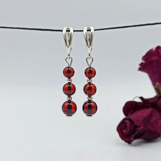 Amber Silver 3 Beads Earrings