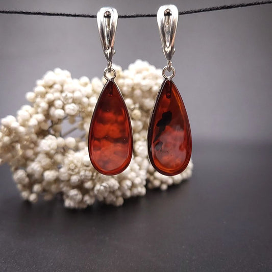 Cognac Amber Teardrop Earrings in Sterling Silver