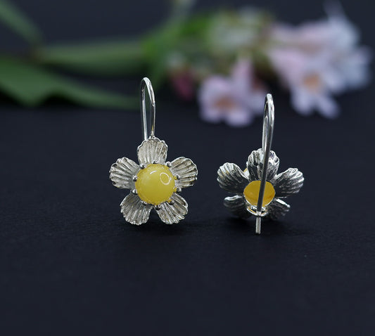 Amber Silver Earrings Floral Design in Light Silver